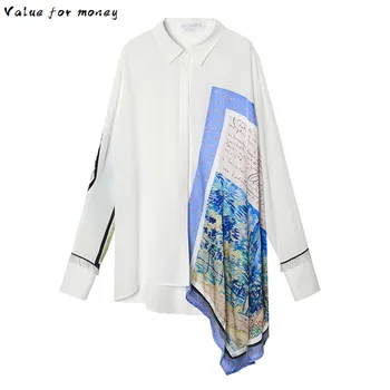 

2020 Spring New Autumn Lapel Long Sleeve White Irregular Pattern Printed Big Size Shirt Women Blouse Fashion Tide