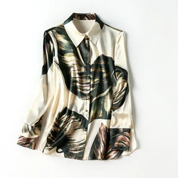 

European and American women's dresses for spring 2021 Long sleeve lapel Single breasted abstract print Fashion silk shirt