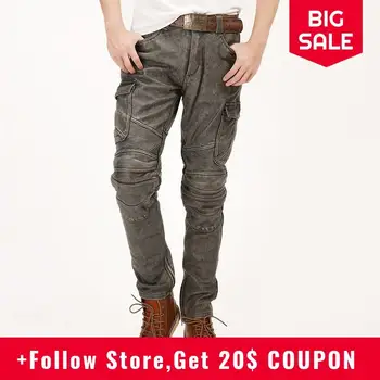 

2020 Vintage Brown Men American Style Motorcycle Leather Trousers Plus Size XXXXL Genuine Thick Cowhide Winter Biker's Pants