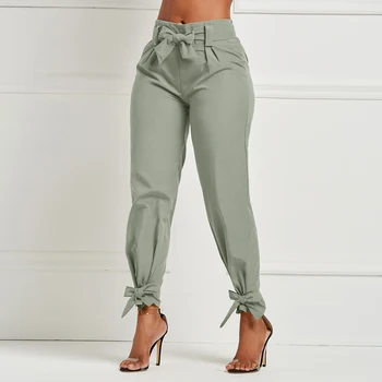 

Puimentiua 2020 Spring Women Solid Loose Pants Casual High Waist Belt Pocket Bow Tie Ruffles Trousers Women BottomSashes Pants