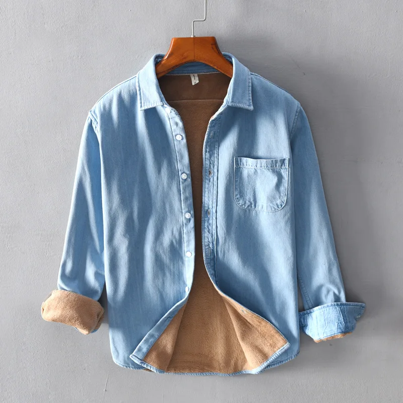 

Plush Denim Shirt For Men Long Sleeve Plus Velvet Thicken Autumn Winter Keep Warm Casual Jacket Shirts Pure Cotton Cowboy