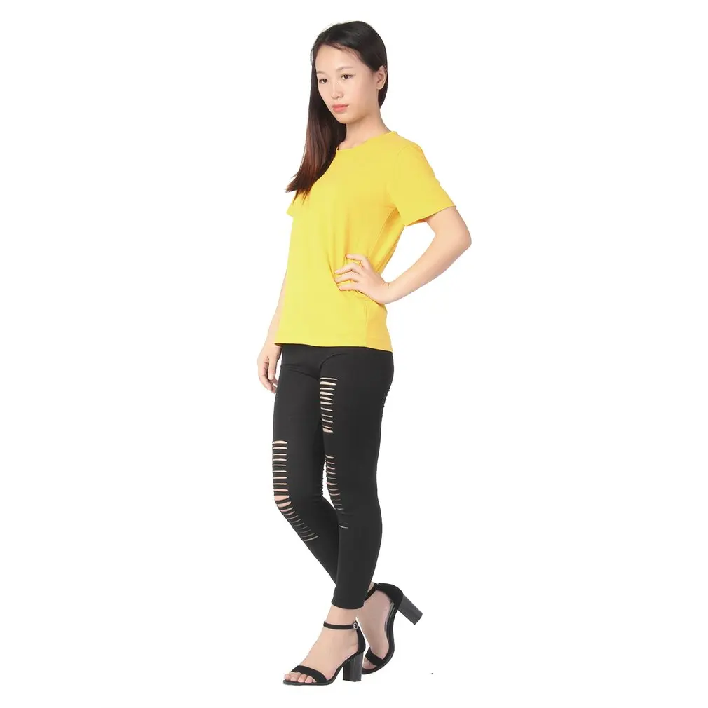 Women Basic Strech Black Leggings Holes Ripped Leggings Punk Rock  Leggins Casual Jeggings Dancing Pant Party Gothic Pant