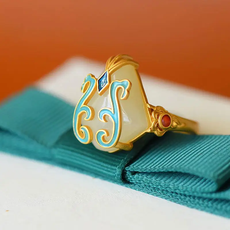 Silver Chinese retro enamel ring inlaid with Hetian jade adjustable opening for women silver ring,silver rings,jade ring