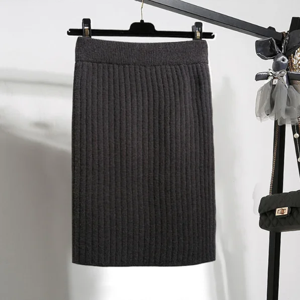 BLACK-50cm 50-70 см эластичная лента женские юбки осень зима теплая трикотажная прямая юбка ребристая юбка средней длины черная - Цвет: BLACK-50cm