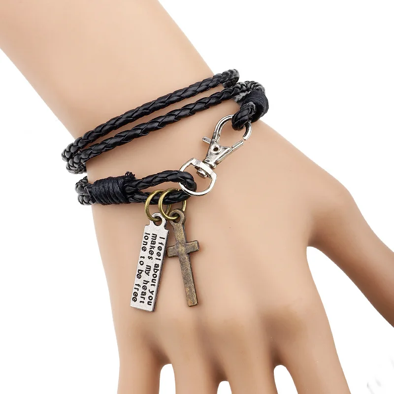 

Vintage Style 3 Laps Braided Leather Bracelet Male Black Retro Punk Cross Charm Bracelet for Men