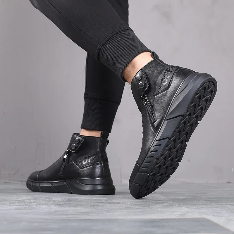 

Autumn And Winter New Style MEN'S SHOES Casual Leather Shoes Side Zipper Velcro Work Shoes High Cotton-padded Shoes Rubber Outso