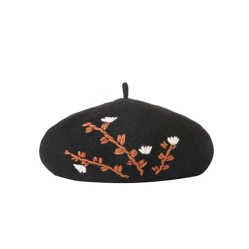 Embroidered Flower Wool Beret Korean Autumn Winter Hats For Women Ladies Painter Cap Vintage Bonnet Beanie Chapeau Femme | Аксессуары