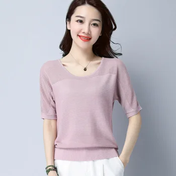 

Summer Women's Solid Color Round Neck Hollow Short Sleeve Knitted T-shirt gray