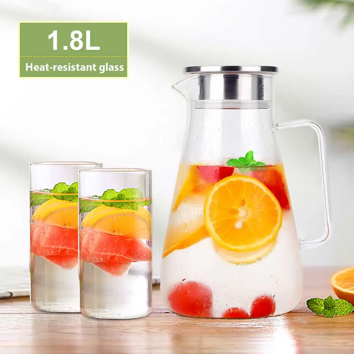 Borosilicate Glass Fruit Water Infusion Pitcher Stainless Steel