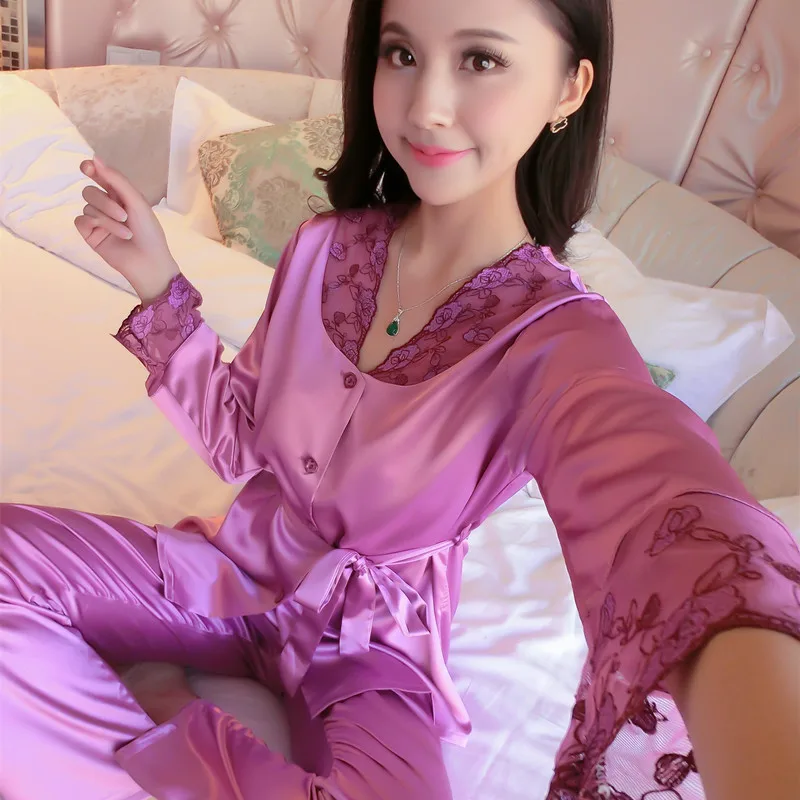 

Spring And Autumn V-neck Sexy WOMEN'S Pajama Suit Imitated Silk Fabric Long Sleeve Pajamas Two-Piece Set Home