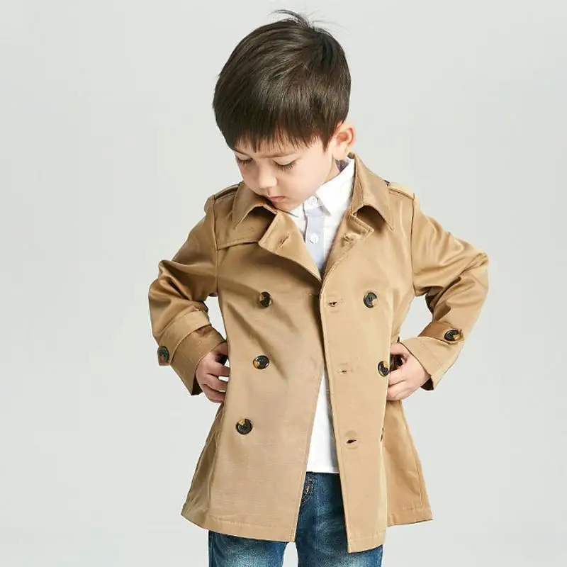Kids Jackets Tench Coat Boy Girl Clothes Windproof British Double Breasted Windbreaker Turn-down Collar Button Belt Outwear