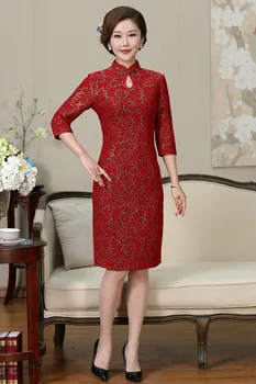 

Red Printing New elegant retro slim short cheongsam dress Chinese style lace wedding mother Wear Qipao noble cheongsam dress