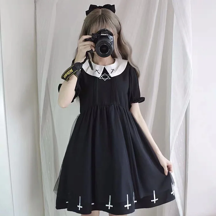 Harajuku Fashion Cross Cosplay Female Dress Gothic Lolita Japanese Soft Sister Style Star Tulle Cute Girl Streetwear |
