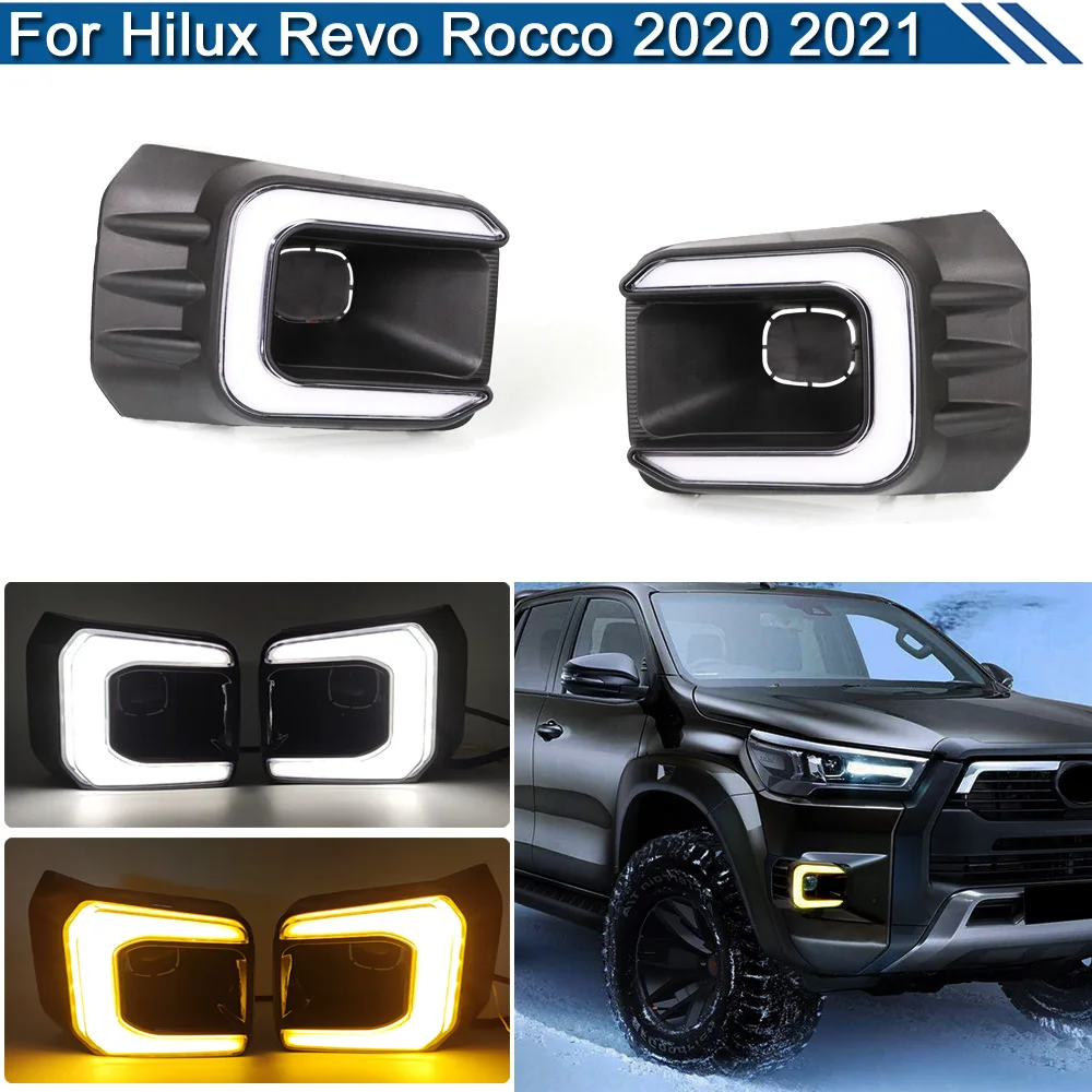 

2Pcs LED Fog Warning Lamp For Toyota Hilux Revo Rocco 2020 2021 White DRL Daytime Driving Light Dynamic Turn Signal Lights