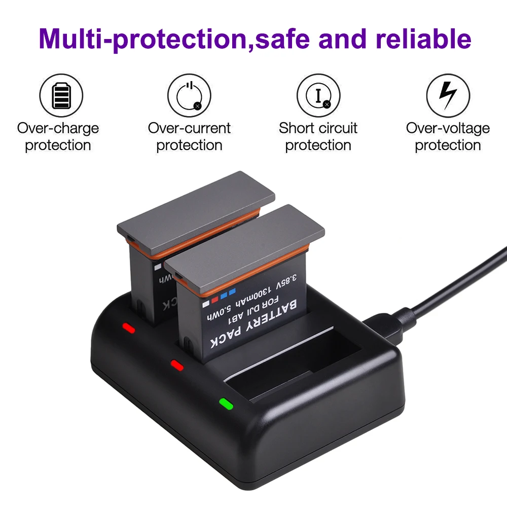 Triplo com Porta do tipo c para Dji Câmera de Esportes 1300mah da Bateria + Usb Carregador Osmo Ação Bateria Ab1 2pcs 3.85v - Image 5
