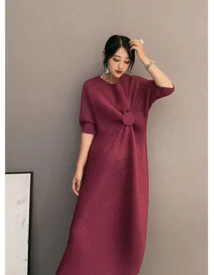 Miyake модное платье на запястье с коротким рукавом, с блестками, с круглым вырезом, со складками, на пуговицах, прямое платье - Цвет: Бургундия