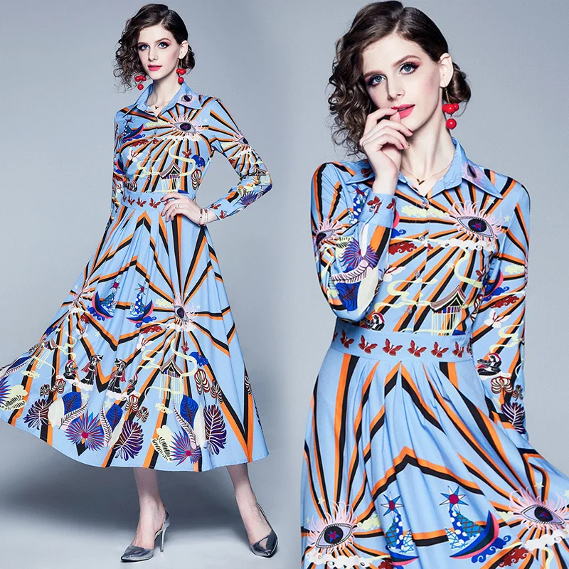 

3407 Ozhouzhan New Style Eyes Positioning Printed Shirt Collar Pleated Big Hemline Dress Europe And America