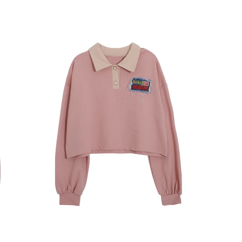 Only Pink Tops New Female Hoodie Korean Loose POLO Collar Short Spring and Autumn Long sleeve Hoodie Sweatshirt& High waist Girls Skirt - Цвет: Only Pink Tops