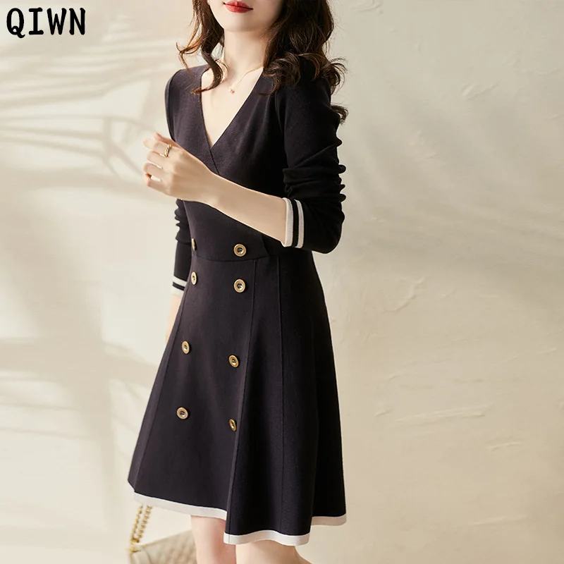 

Vintage Autumn Women'S Western Style Sweater Dress 2020 New Autumn Double Breasted Mid-Length Slim Thin Knit Dress Midi Dresses
