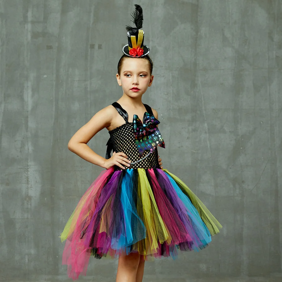Colorful Mad Hatter Inspired Girls Tutu Dress with Headband Alice Wonderland Halloween Costume Children Carnival Party Dress (2)