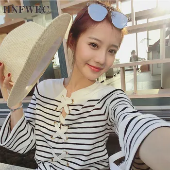 

2019 Spring Summer Round Collar Three Quater Striped Patchwork Pullvoers Casual Loose Dress Women Fashion Tide W717