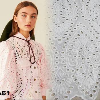 

2020 HOT Off white color COTTON embroidery lace fabric, Women's dress clothing sewing 100% cotton hollow out lace embroidered