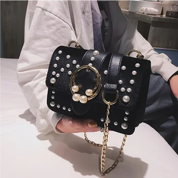 

European Fashion Female Square Bag 2019 New Quality velvet Women's Designer Handbag Pearl Lock Chain Shoulder Messenger bags