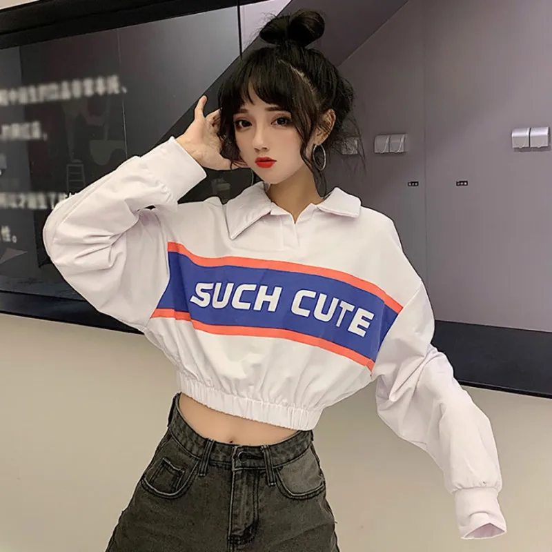 

Autumn Long Sleeve Letter Print T-Shirt Women Turn-down Collar T Shirt Ladies White Short Tee Tops