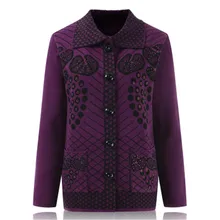 Весна осень Вязанный свитер для женщин среднего возраста с принтом длинный рукав однобортный Кардиган Женская куртка плюс размер 668