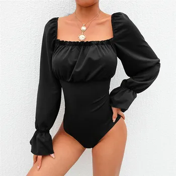 

Women Solid Backless Bodysuit Jumpsuit Sexy Hollow Out Backless Hubble-bubble Sleeve Leotard clothes