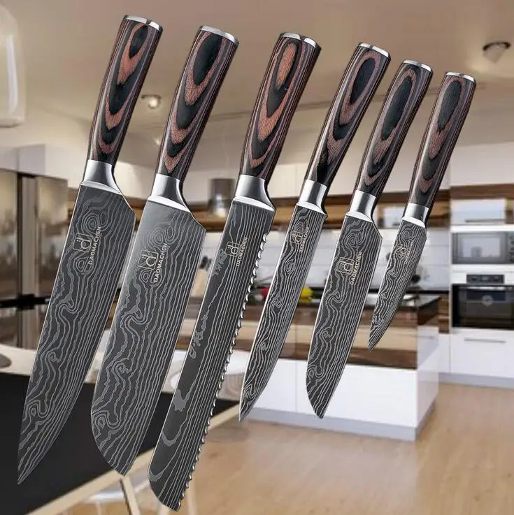 Наборы кухонных ножей с лазерным Дамасским узором, нож шеф-повара, острый нож для нарезки, универсальные ножи, наборы инструментов, кухонные гаджеты для мяса, рыбы - Цвет: 6pcs set