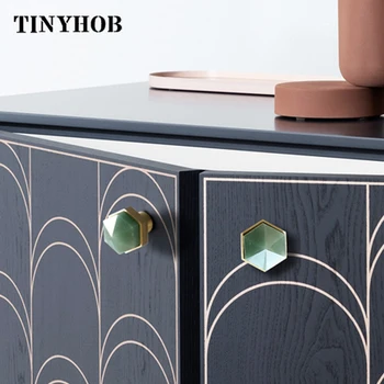 

TINYHOB Crystal + brass Furniture Handles Nordic Wardrobe Dresser Knobs Cupboard Cabinet Drawer Round Colorful Pulls Green knob