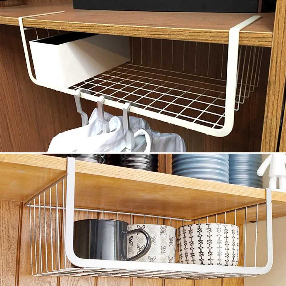 Iron Mesh Shelf Basket Cupboard Door Organizer Rack Closet Holders Hanging Under Shelf