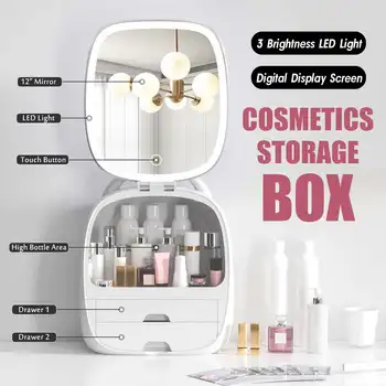 

LED Light Cosmetic Makeup Organizer Make Up Brushes Storage Box with Drawer Big Mirror Home Desk Organizer Mini Storage Cabinet