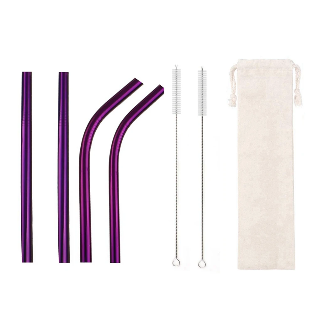 6 шт 12 мм большие сверхширокие соломинки многоразовые портативные соломинки для питья красочные 304 металлические соломинки из нержавеющей стали с 2 кистями - Цвет: Purple-C