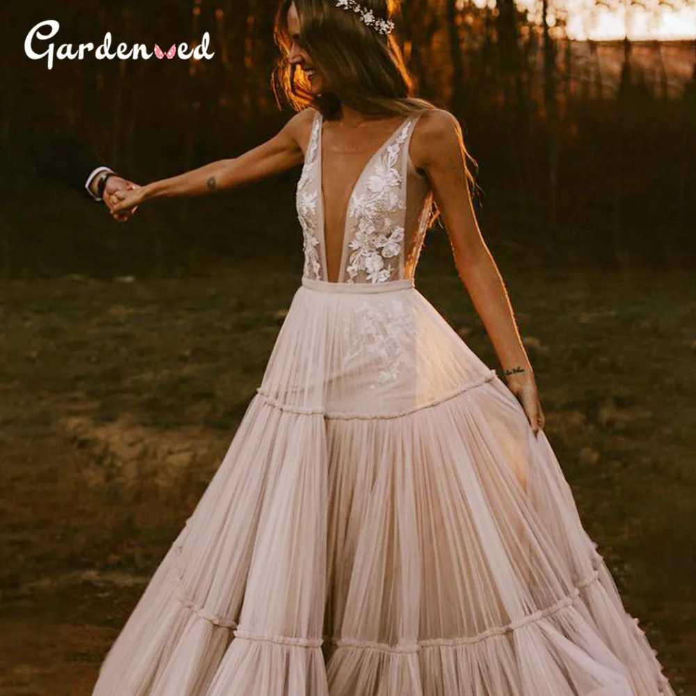 

Sexy Illusion Deep V Boho Wedding Dresses Lace Appliques Backless Bridal Gowns Tulle Layers Bride Dresses