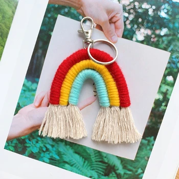 

Macrame Rainbow Keychains Boho Bag Charms With Tassels Hand Weave Cotton Accessories For Car Key Purse Wallet Hanging Decoration