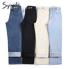 Прямые джинсы женские большие размеры с высокой талией флисовые Джинсы бойфренда для женщин джинсы для мамы бархатные пуговицы Осень Зима Теплые черные