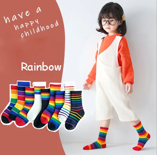 Kids Socks Children's Unisex Cotton Rainbow Socks For Boys Girls Harajuku Toddler Baby Colorful Stripe Knitted Socks 1-8T