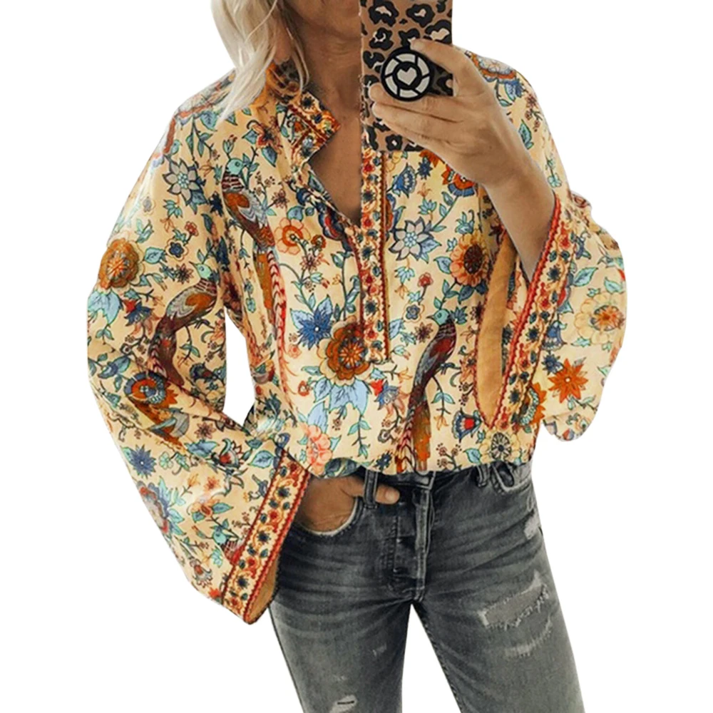Laamei, Boho блузка с цветочным принтом, рубашка с рукавами-фонариками, сексуальные кружевные женские топы с круглым вырезом, весенне-летние шикарные блузки 5XL - Цвет: C