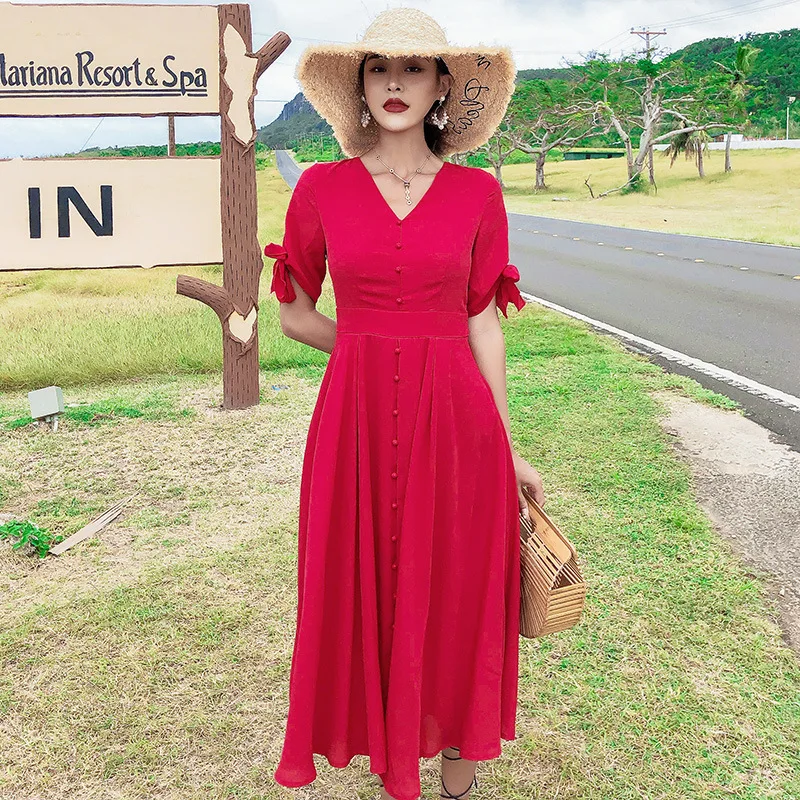 

Hainan Sanya Beach Skirt Women's Seaside Holiday Slimming Bohemian Long Skirts Thailand Vintage Red Color Dress