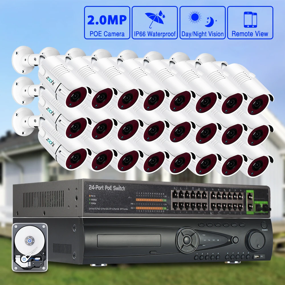 

Zoohi POE Camera System 1080P 24CH Outdoor CCTV Camera Security System Kit Video Surveillance Kit Security Camera System IP66