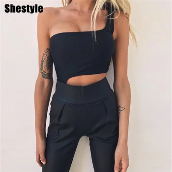 

Shestyle Women Bodysuits Sexy Summer One Sholder Solid Bodycon Hollow Out Slope Neck Basic Lovely Body Suits Spring Outfits