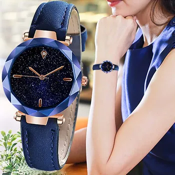 

Women's Star Explosion Watch Simple and Luxury Luxury Starry Dial Convex Mirror Leather Strap Watch часы женские наручные 50*