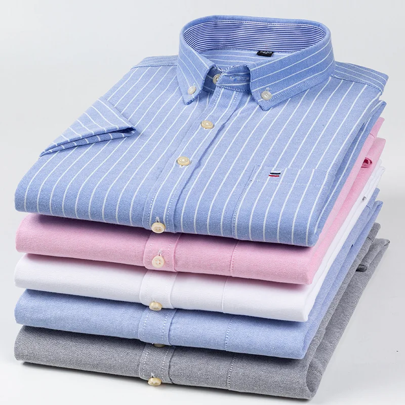 Men 100% Cotton Casual Oxford Striped Plaid Short Sleeve Shirt 7XL Slim Fit