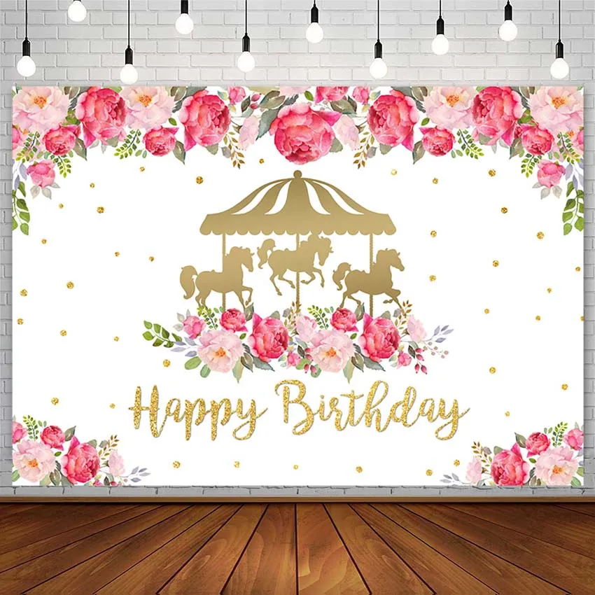 

Happy Birthday Party Backdrops Carousel Pink Flowers Girl Decor Golden Dots Photography Background Studio Photophone Decor Props