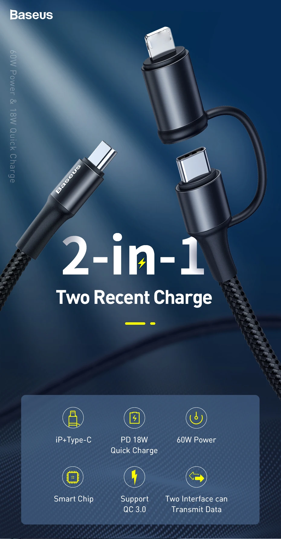 Baseus 2in1 60W Type C USB Cable Quick Charge Support Notebook Charger USB Cable Data Wire Transmission Fast Charging USB Cable|Mobile Phone Cables| - AliExpress