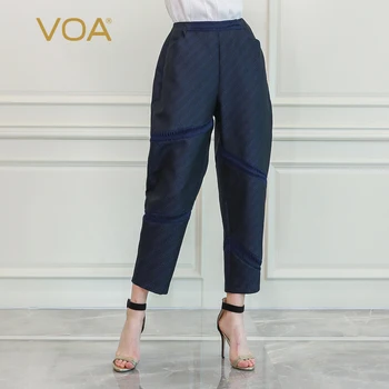 

VOA Navy Real Silk Jacquard Non-symmetrical Stereo Tucker Pleated Casual Loose Medium Waist Harem Capri Pants women clothes K827