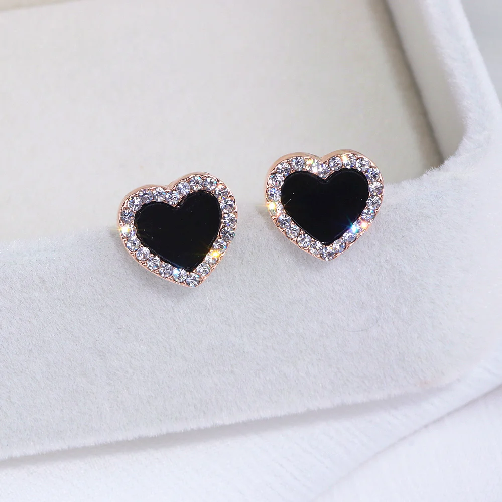Clearance Sale Items Black Heart Stud Earrings for Women Rose Gold Color Simple Elegant Crystal Love Jewelry | Украшения и