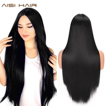 AISI волосы длинные прямые черный парик синтетические парики для женщин натуральный средняя часть кружева парик термостойкие волокна натуральный вид парик